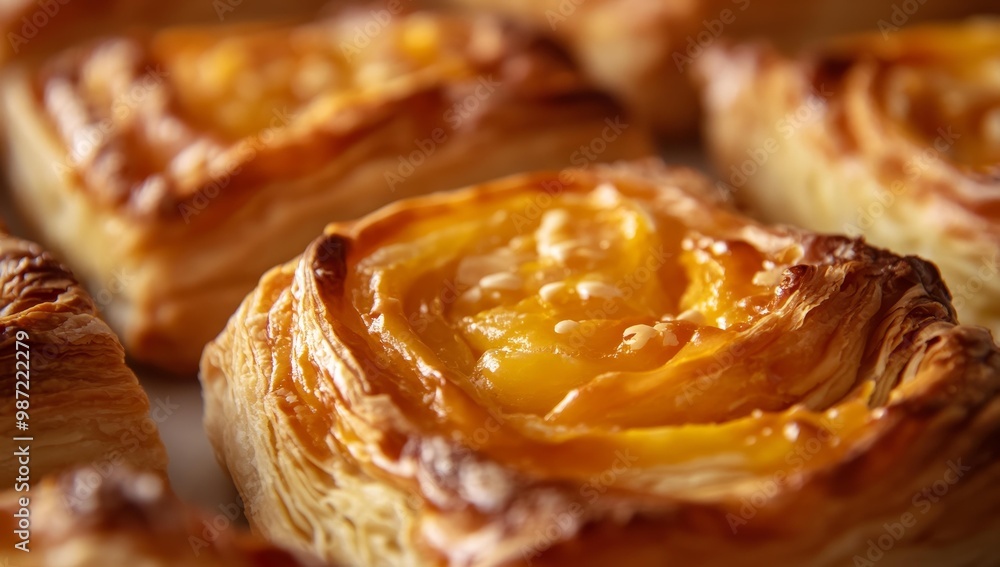 Close up of flaky pastries filled with orange custard. Close up of flaky pastries filled with orange custard.
