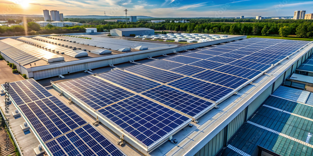 Solar panels installed on the roof of a large industrial building, solar energy, renewable, sustainability, eco-friendly Solar panels installed on the roof of a large industrial building, solar energy, renewable, sustainability, eco-friendly