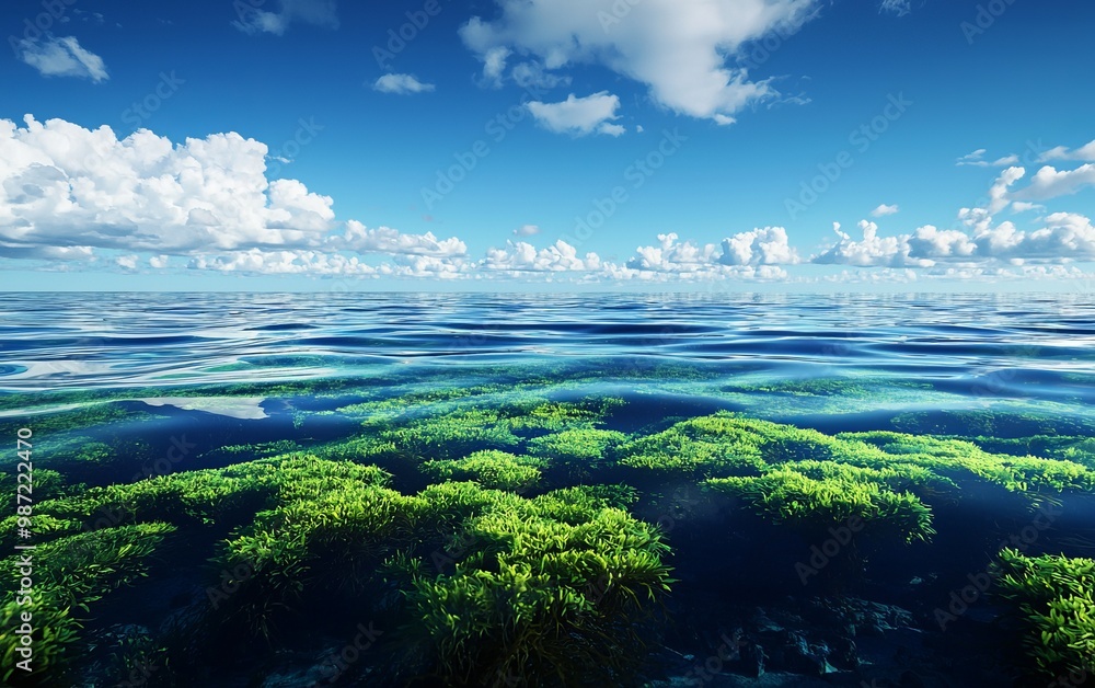 Fototapeta premium Vibrant underwater scene showcasing lush green seagrass beneath a clear blue sky and calm ocean waves.