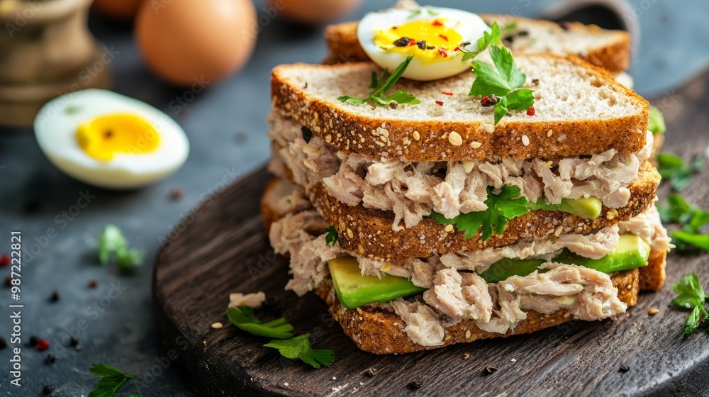 sandwiches with canned tuna, boiled egg and avocado. Food recipe background. Close up sandwiches with canned tuna, boiled egg and avocado. Food recipe background. Close up