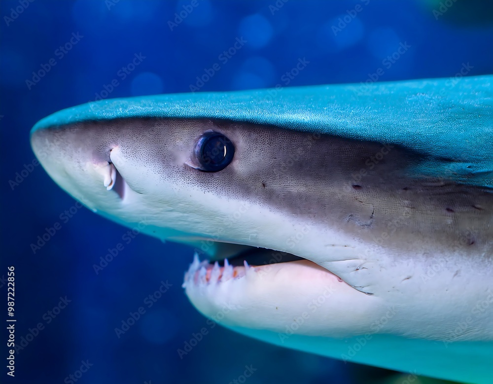 Naklejka premium Close-up view of a shark's eye and mouth, highlighting its sharp teeth and powerful gaze. The detailed focus captures the predator's intense expression, emphasizing the shark's dominance in the ocean.