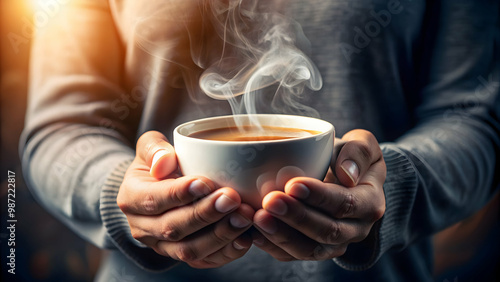 A close-up shot of a person's hands holding a steaming cup of coffee during a coffee break, coffee, break, relaxation, beverage