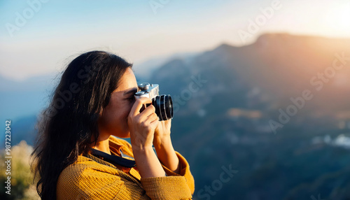  Woman Taking Picture Outdoors with a retro film photo cameras, travel, photography and hobby  photo