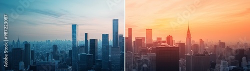 Stunning skyline view showcasing a city at dawn and dusk, featuring contrasting colors and iconic buildings in the background.