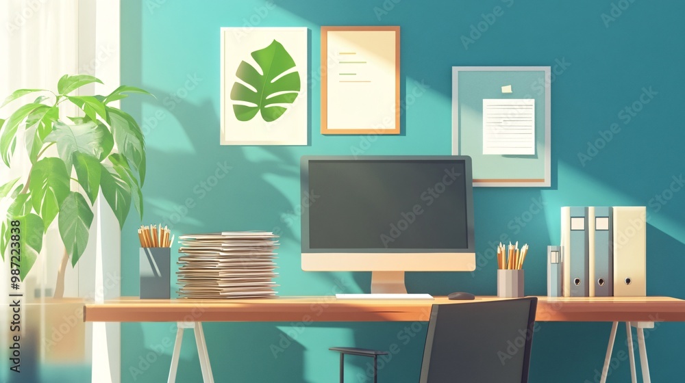 Modern Manager's Workspace: Organized Desk with Computer, Folders, Plant, and Motivational Art in Bright Office Setting Modern Manager's Workspace: Organized Desk with Computer, Folders, Plant, and Motivational Art in Bright Office Setting