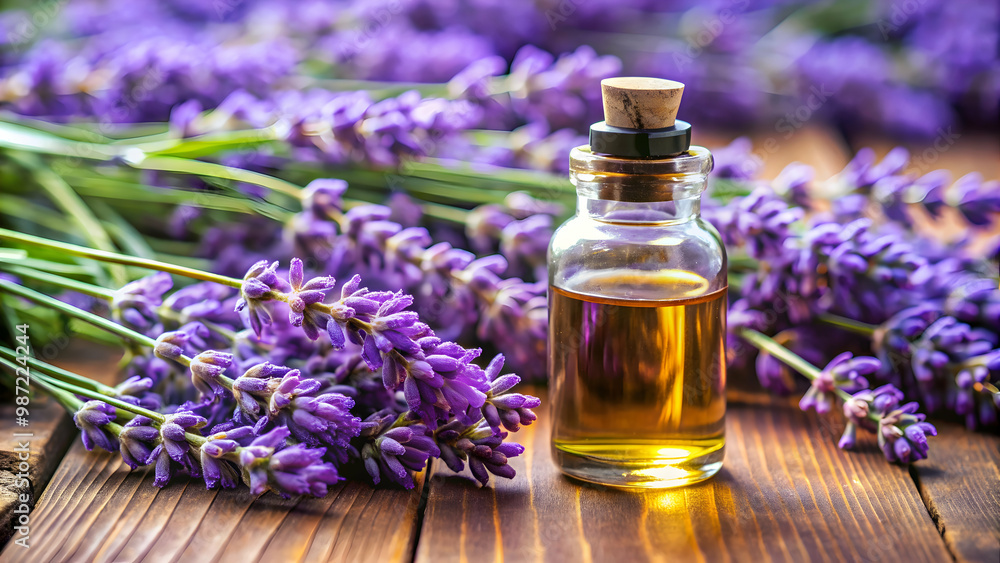 Close-up of a bottle of lavender oil surrounded by fresh lavender flowers, aromatherapy, relaxation, essential oils Close-up of a bottle of lavender oil surrounded by fresh lavender flowers, aromatherapy, relaxation, essential oils