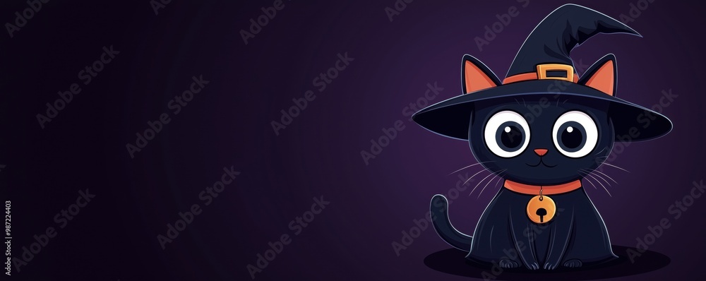 Cute black cat wearing a witch hat on a dark background Cute black cat wearing a witch hat on a dark background
