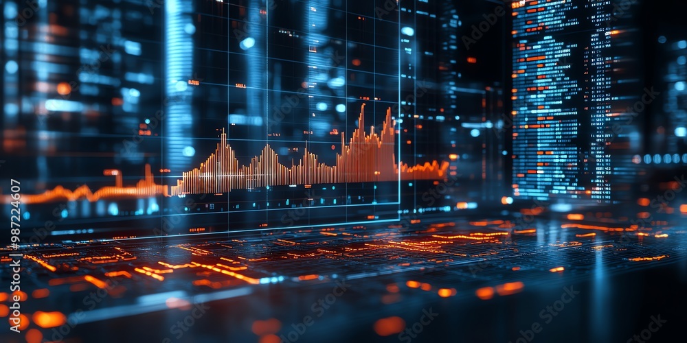 Obraz premium Abstract futuristic technology background with glowing lines, digital data, and a graph on a screen.