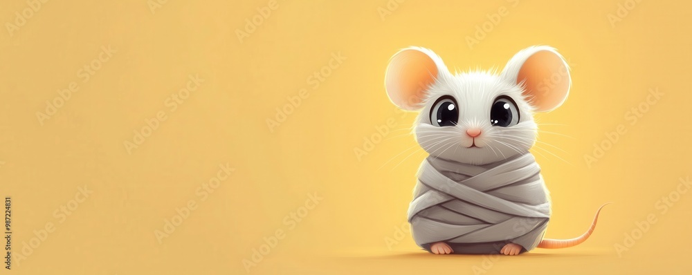 Cute cartoon mouse wrapped in yarn on a yellow background. Cute cartoon mouse wrapped in yarn on a yellow background.