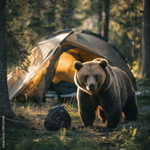 Bear lurking near a camping tent with a trash bag beside it