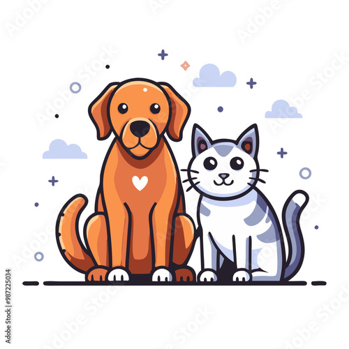 Cheerful orange dog and white cat icons representing pet companionship against starry background