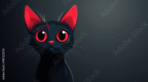 A black cat with red eyes and ears on a dark background.