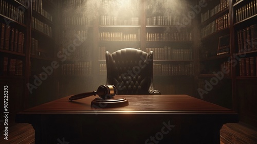 The Symbol of Justice: Gavel on Desk in Legal Setting with Throne Chair and Legal Books under Spotlight photo