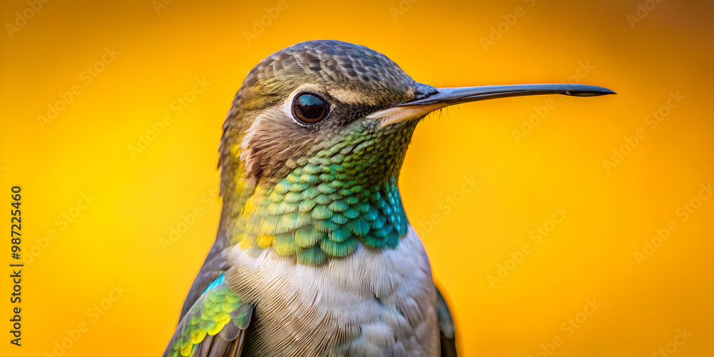 Fototapeta premium Close-up frontal view of a hummingbird on a yellow background, hummingbird, bird, close-up, colorful, vibrant, wildlife, nature