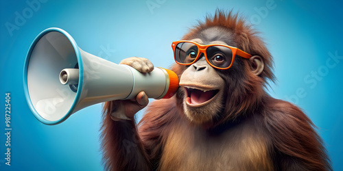 Adorable orangutan wearing sunglasses holding megaphone against blue background, orangutan, cute, sunglasses, megaphone photo