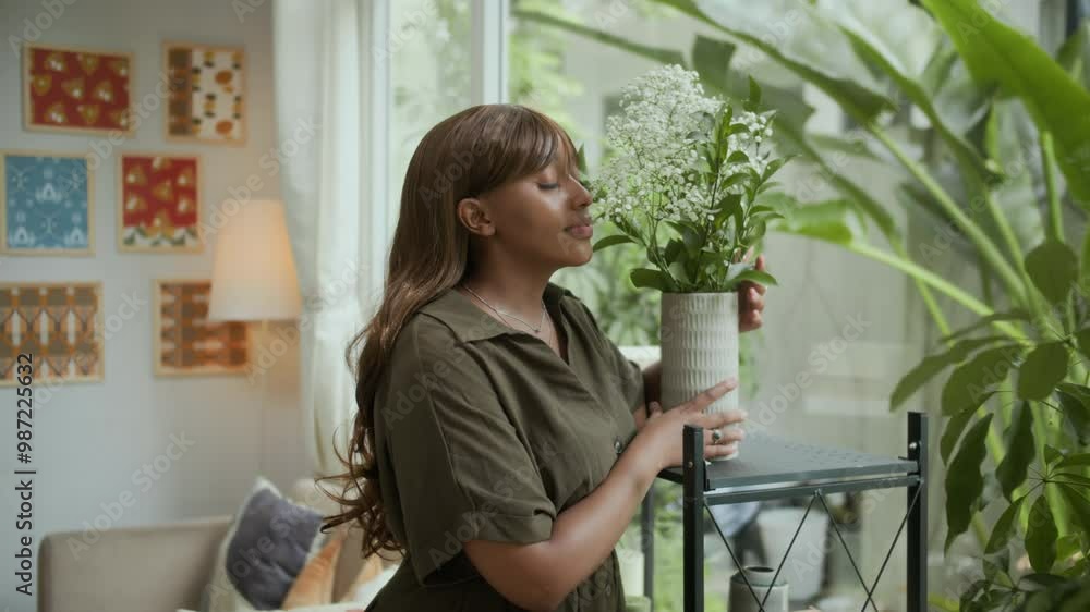 Medium shot of African American housewife putting vase with flowers on shelf in living room Medium shot of African American housewife putting vase with flowers on shelf in living room