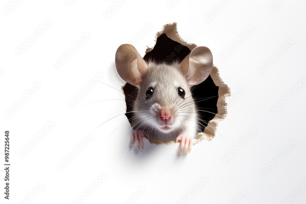 A mouse has gnawed a hole in a white wall and is peering out. A cute rodent looks out of the hole with curiosity. A mouse has gnawed a hole in a white wall and is peering out. A cute rodent looks out of the hole with curiosity.