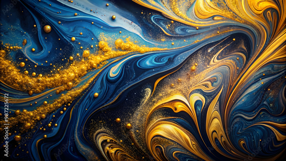 Swirling dark blue and yellow paint with gold glitter on black background, swirls, abstract, texture, art, vibrant, colors Swirling dark blue and yellow paint with gold glitter on black background, swirls, abstract, texture, art, vibrant, colors