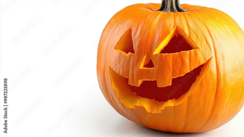 A close-up of a Halloween pumpkin with intricate carved details isolated on a white background. This high-resolution, festive design captures the spooky essence of Halloween, showcasing the vibrant or A close-up of a Halloween pumpkin with intricate carved details isolated on a white background. This high-resolution, festive design captures the spooky essence of Halloween, showcasing the vibrant or