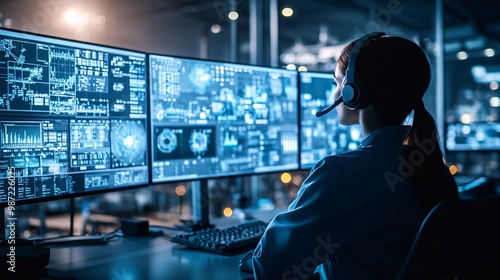 Modern Industrial Control Room with Operators Monitoring Production Lines for Efficiency