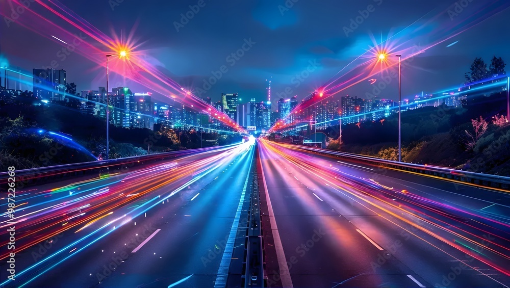 Fototapeta premium Highway with Colorful Light Trails Symbolizing Speed and Movement in Digital Marketing, Capturing the Essence of Fast-Paced Technology