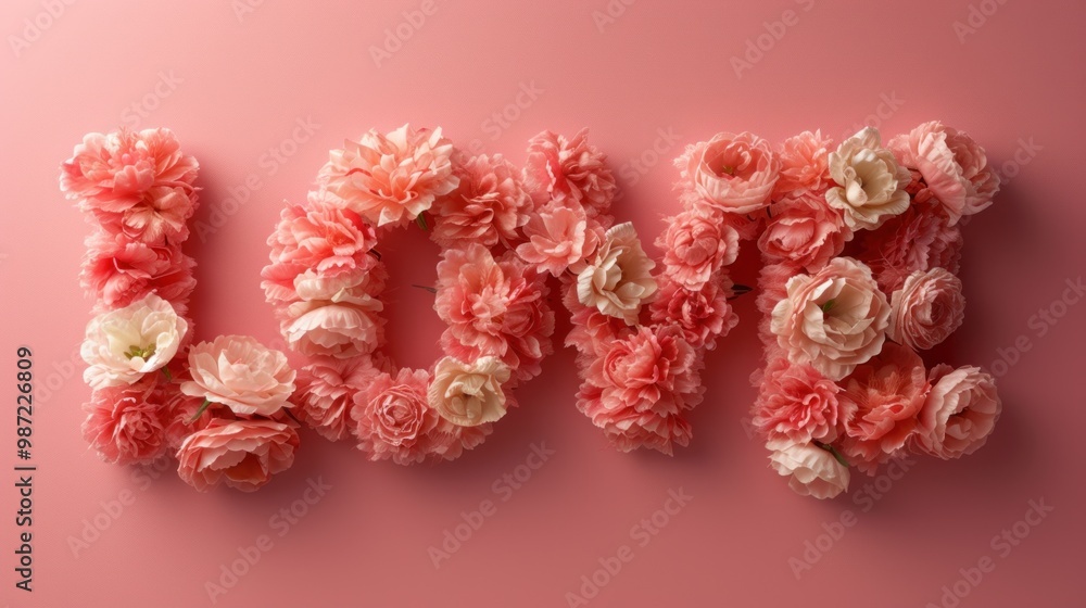 Artistic Floral Arrangement Spelling LOVE Against a Pink Background Artistic Floral Arrangement Spelling LOVE Against a Pink Background