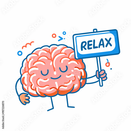 Cartoon brain holding Relax sign, orange and blue playful stress relief illustration