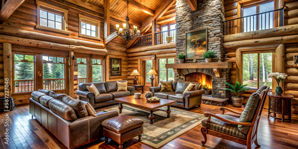 Fototapeta premium Staged log home interior photography with cozy furnishings and rustic decor , log cabin, cozy, rustic