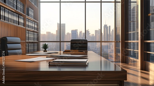 Contemporary Law Firm Office with City Skyline View and Organized Legal Documents