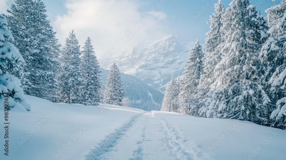 A Swiss Alps winter hiking trail, with snow-covered trees and towering mountains in the distance, offering a peaceful outdoor adventure scene. A Swiss Alps winter hiking trail, with snow-covered trees and towering mountains in the distance, offering a peaceful outdoor adventure scene.