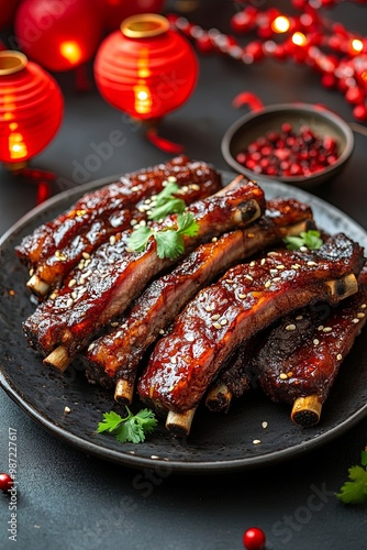 Chinese ginger pork ribs (Jiang Rou Gu) on a plate, surrounded by festive red lanterns and New Year decorations. Great for promoting traditional meals and holiday events.