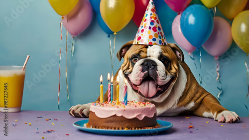 Cute Happy English Bulldog Celebrating at a birthday party with birthday cake isolated on a background . Dog Birthday Celebration Concept 