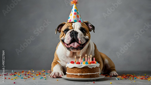 Cute Happy English Bulldog Celebrating at a birthday party with birthday cake isolated on a background . Dog Birthday Celebration Concept 
