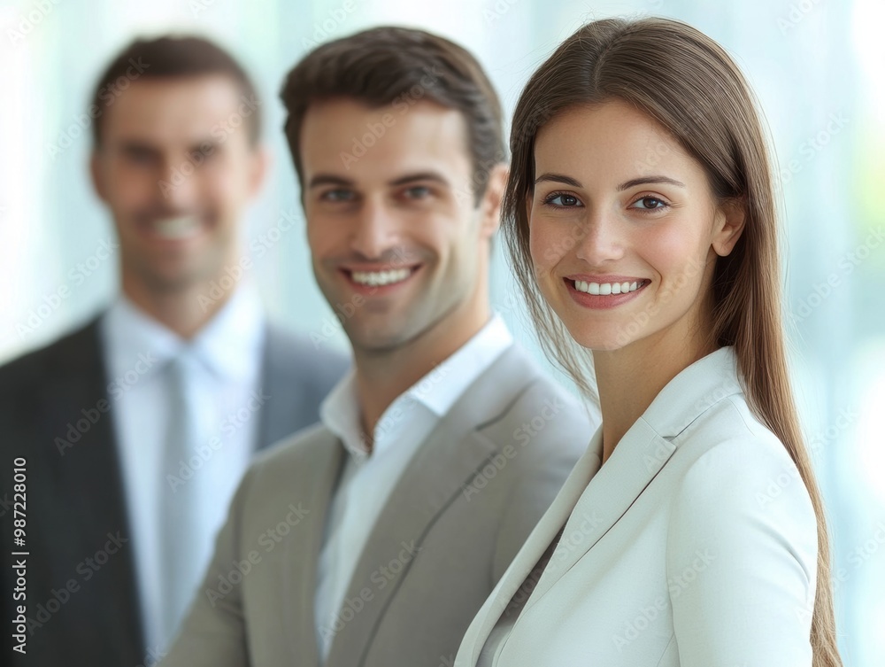 Successful business team standing together in office, smiling and looking at camera. Successful business team standing together in office, smiling and looking at camera.