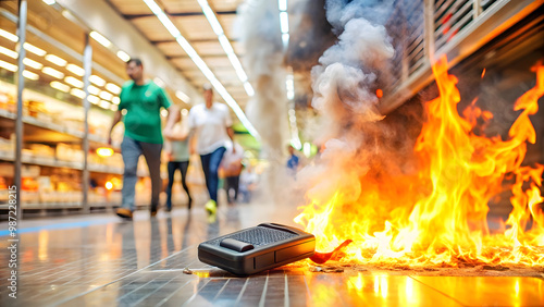 Vintage pager engulfed in fire and smoke on the floor in shopping mall. photo