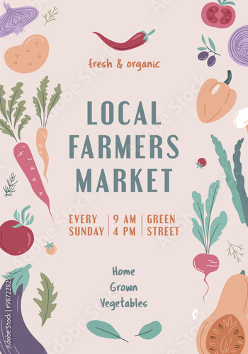 Farmers Market, Organic Farm, Harvest Festival, Agricultural fair banner or poster. Vector flat illustration. Announcement for seasonal agricultural fair isolated. Hand drawn vector banner template