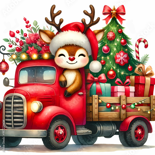 tree backdrop. Gifts in festive wrapping enhance the holiday spirit.