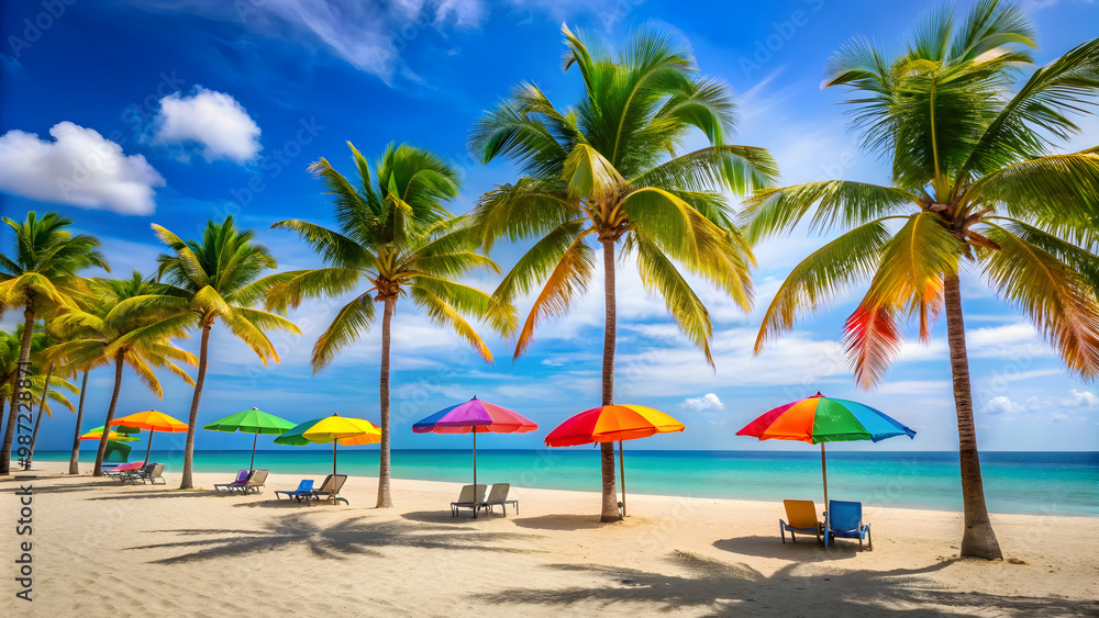 Vibrant summer featuring a beach scene with palm trees, a clear blue sky, and colorful beach umbrellas, summer,beach Vibrant summer featuring a beach scene with palm trees, a clear blue sky, and colorful beach umbrellas, summer,beach