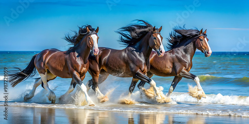 Obraz na plátně Beautiful Shire horses galloping on beach with blue sea in background, Shire, ho