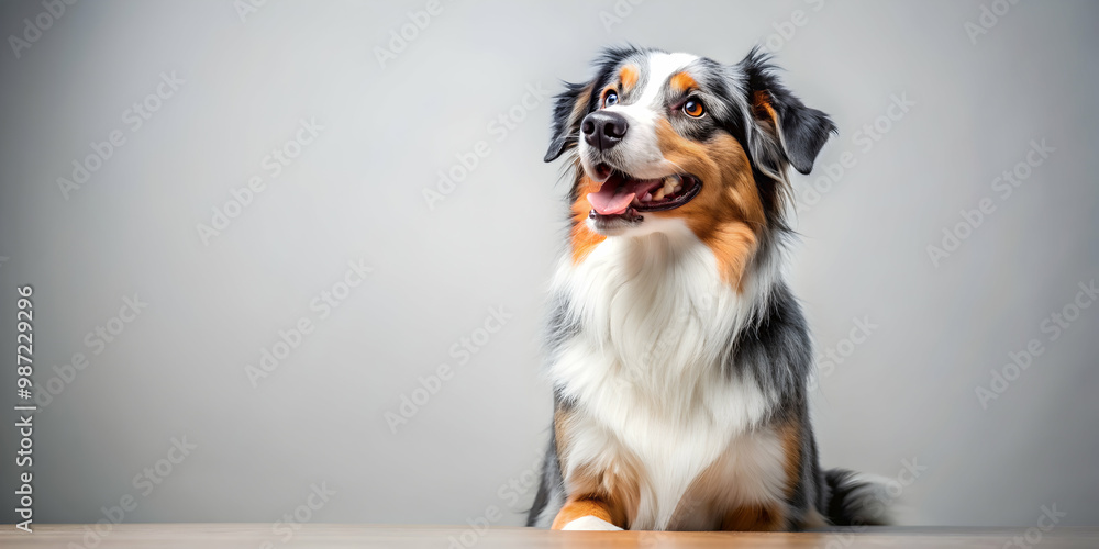 Excited Australian Shepherd sitting on the side and looking up, happy, dog, Australian shepherd, pet, excited, enthusiastic Excited Australian Shepherd sitting on the side and looking up, happy, dog, Australian shepherd, pet, excited, enthusiastic