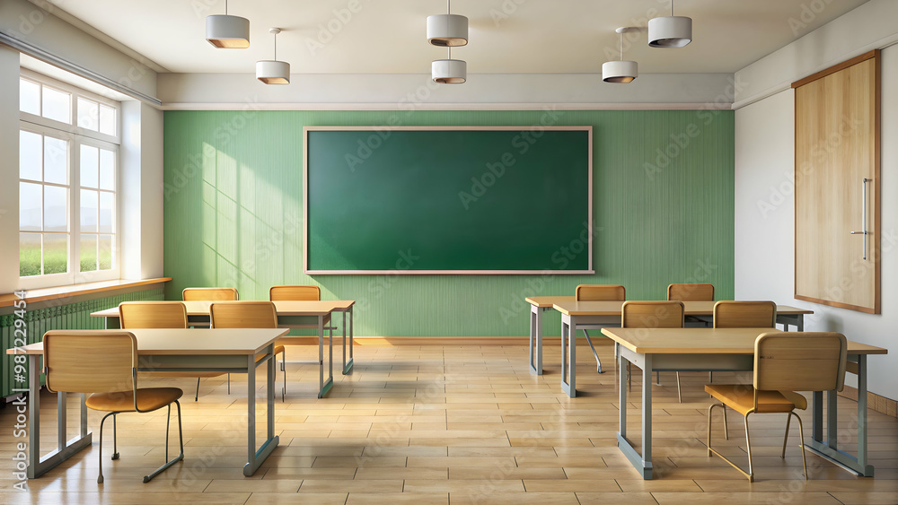 Pristine classroom setting with natural light, green chalkboard, and faint lesson traces , classroom Pristine classroom setting with natural light, green chalkboard, and faint lesson traces , classroom