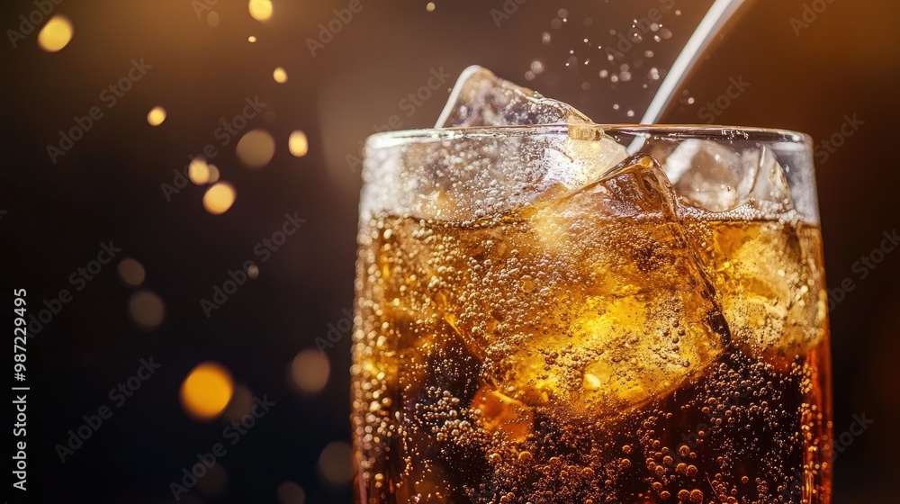 A whiskey and soda drink being stirred with a metal spoon, ice clinking and bubbles fizzing as the soda mixes with the whiskey A whiskey and soda drink being stirred with a metal spoon, ice clinking and bubbles fizzing as the soda mixes with the whiskey