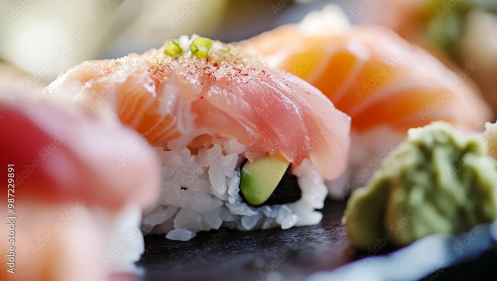Close-up of salmon sushi rolls on black plate. Close-up of salmon sushi rolls on black plate.