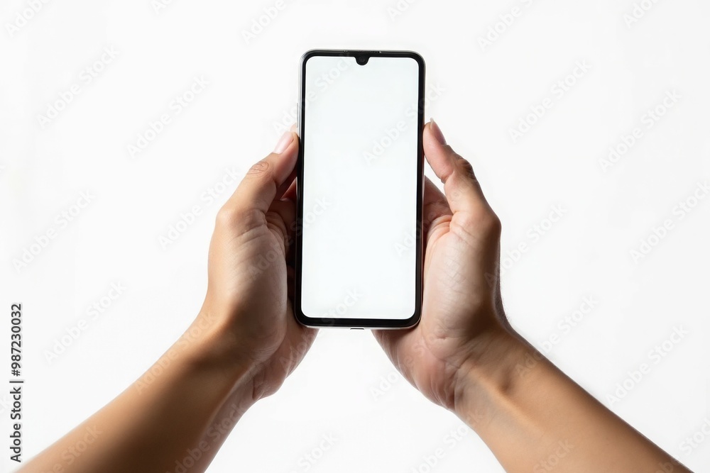 Hands holding a smartphone with a blank screen isolated on black background, perfect for technology and communication themes Hands holding a smartphone with a blank screen isolated on black background, perfect for technology and communication themes