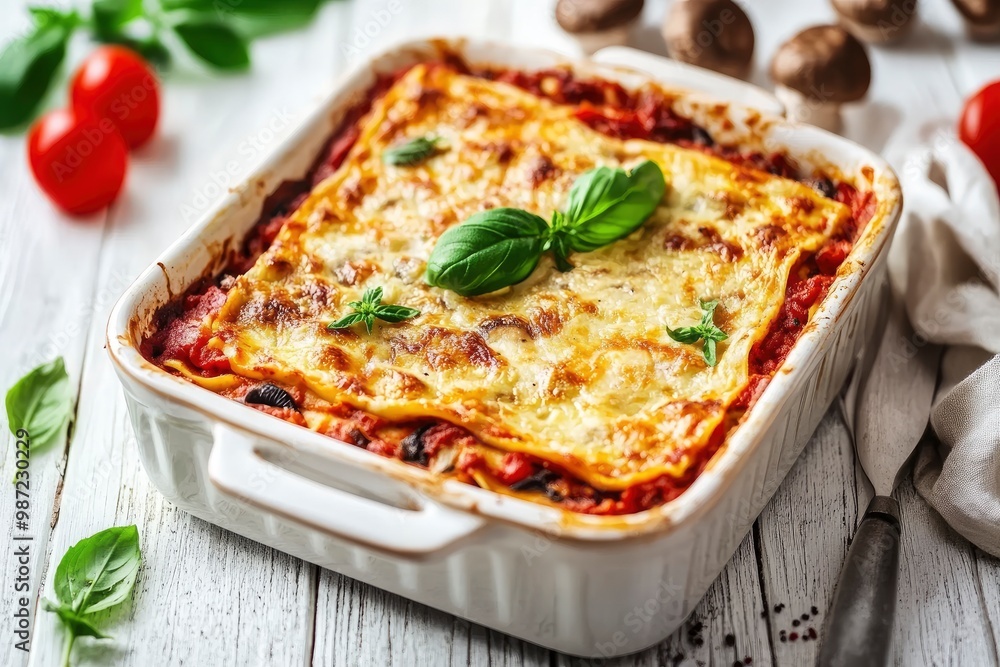 Italian lasagna casserole with firm tofu, mushrooms, tomato sauce baked on the oven, served on a baking dish with fresh basil on a white wooden background, close-up , ai Italian lasagna casserole with firm tofu, mushrooms, tomato sauce baked on the oven, served on a baking dish with fresh basil on a white wooden background, close-up , ai