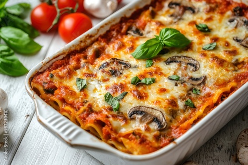 Italian lasagna casserole with firm tofu, mushrooms, tomato sauce baked on the oven, served on a baking dish with fresh basil on a white wooden background, close-up , ai