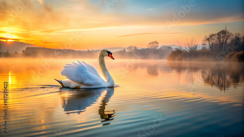 Fototapeta Naklejka Na Ścianę i Meble -  Beautiful swan gracefully swimming on tranquil lake at sunrise, swan, graceful, bird, white, feathers, water, reflection