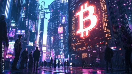 A futuristic cityscape with a large bitcoin symbol on a building.