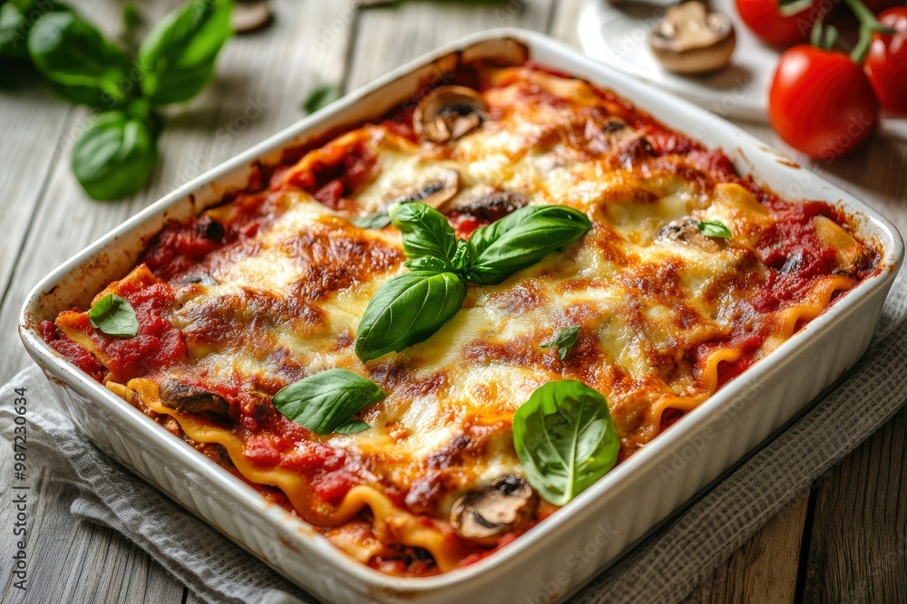 Italian lasagna casserole with firm tofu, mushrooms, tomato sauce baked on the oven, served on a baking dish with fresh basil on a white wooden background, close-up , ai Italian lasagna casserole with firm tofu, mushrooms, tomato sauce baked on the oven, served on a baking dish with fresh basil on a white wooden background, close-up , ai
