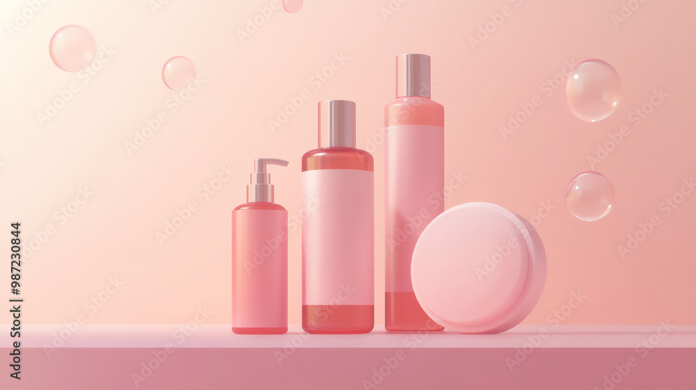 Elegant Pink Skincare Bottles with Bubbles Elegant Pink Skincare Bottles with Bubbles